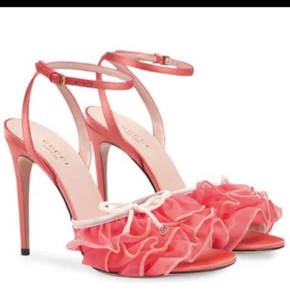 SOLD GUCCI NEW Tulle Ruffle Slingback Peach Heels Size 38 - Picture 5 of 9